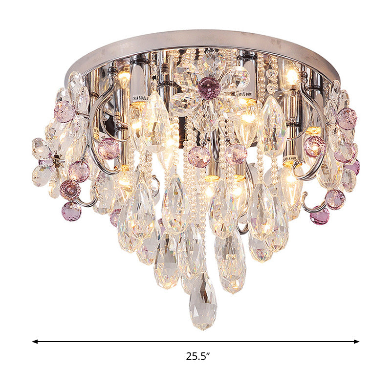 Teardrop Flushmount Modernist Crystal 6/9 Heads Stainless-Steel Ceiling Light Fixture, 19"/25.5" Wide Clearhalo 'Ceiling Lights' 'Close To Ceiling Lights' 'Close to ceiling' 'Flush mount' Lighting' 271686