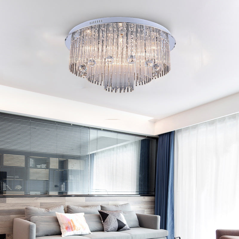 Tiered Flush Mount Modernism Crystal 5/9/14 Heads Stainless-Steel Ceiling Light Fixture, 19.5"/23.5"/31.5" Wide Clearhalo 'Ceiling Lights' 'Close To Ceiling Lights' 'Close to ceiling' 'Flush mount' Lighting' 271704