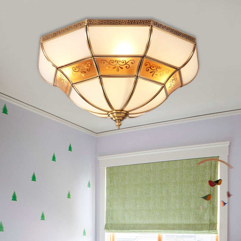 Colonialism Bell Ceiling Mount Light Fixture 3 Bulbs Ivory Glass Flush Mount Chandelier in Brass for Bedroom Clearhalo 'Ceiling Lights' 'Close To Ceiling Lights' 'Close to ceiling' 'Flush mount' Lighting' 271782
