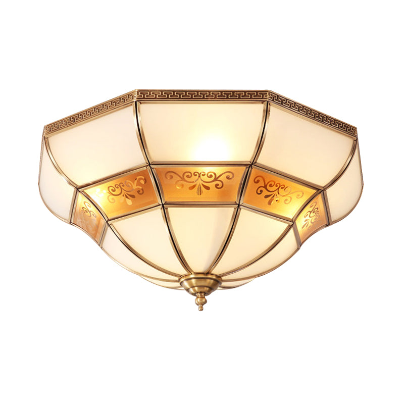 Colonialism Bell Ceiling Mount Light Fixture 3 Bulbs Ivory Glass Flush Mount Chandelier in Brass for Bedroom Clearhalo 'Ceiling Lights' 'Close To Ceiling Lights' 'Close to ceiling' 'Flush mount' Lighting' 271784