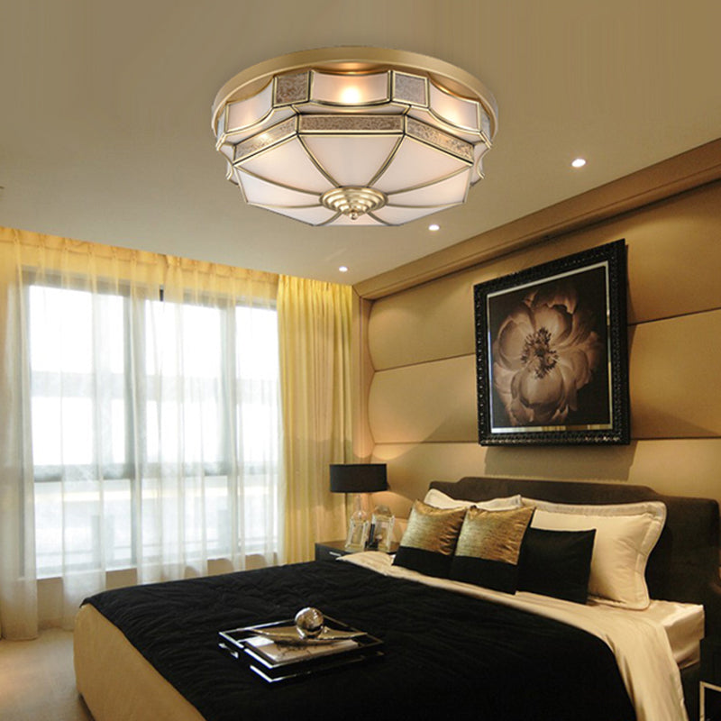 Curved Frosted Glass Brass Ceiling Flush Scallop 3/5 Heads Colonialist Flush Mount Lamp for Bedroom Clearhalo 'Ceiling Lights' 'Close To Ceiling Lights' 'Close to ceiling' 'Flush mount' Lighting' 271886
