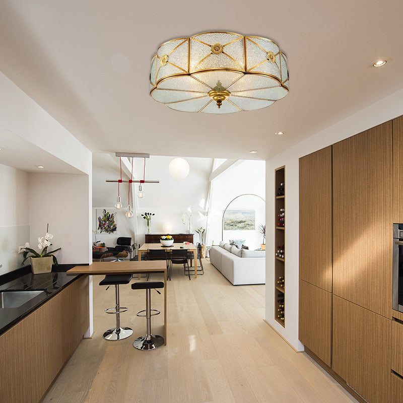 Colonialism Scallop Ceiling Mounted Light 3/4/6 Bulbs Seeded Glass Flush Mount Chandelier in Brass for Bedroom Clearhalo 'Ceiling Lights' 'Close To Ceiling Lights' 'Close to ceiling' 'Flush mount' Lighting' 271970