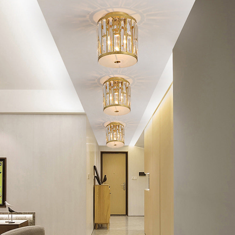 7.5"/16"/22" Wide Drum Flush Mount Modernist Cut Crystal Gold 5 Bulbs Ceiling Mount Light Fixture with Opal Glass Diffuser Clearhalo 'Ceiling Lights' 'Close To Ceiling Lights' 'Close to ceiling' 'Flush mount' Lighting' 272017