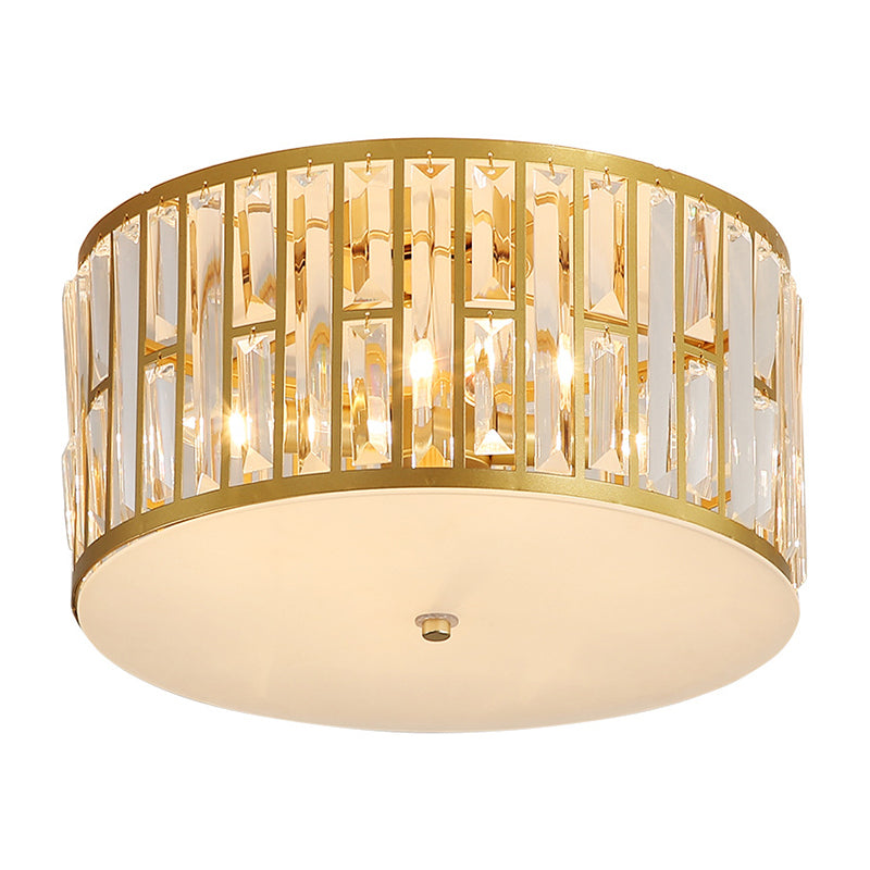 7.5"/16"/22" Wide Drum Flush Mount Modernist Cut Crystal Gold 5 Bulbs Ceiling Mount Light Fixture with Opal Glass Diffuser Clearhalo 'Ceiling Lights' 'Close To Ceiling Lights' 'Close to ceiling' 'Flush mount' Lighting' 272018