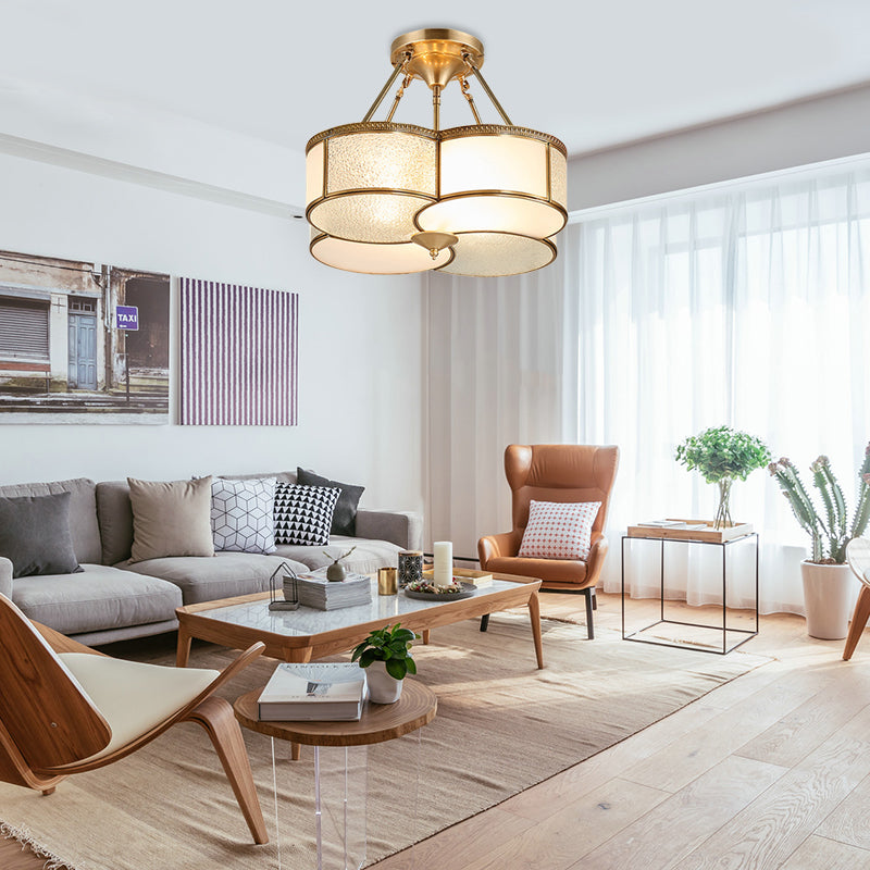 Opal Frosted Glass Brass Ceiling Flush Clover 4 Heads Colonialist Semi Flush Mount Chandelier for Dining Room Clearhalo 'Ceiling Lights' 'Close To Ceiling Lights' 'Close to ceiling' 'Glass shade' 'Glass' 'Semi-flushmount' Lighting' 272085
