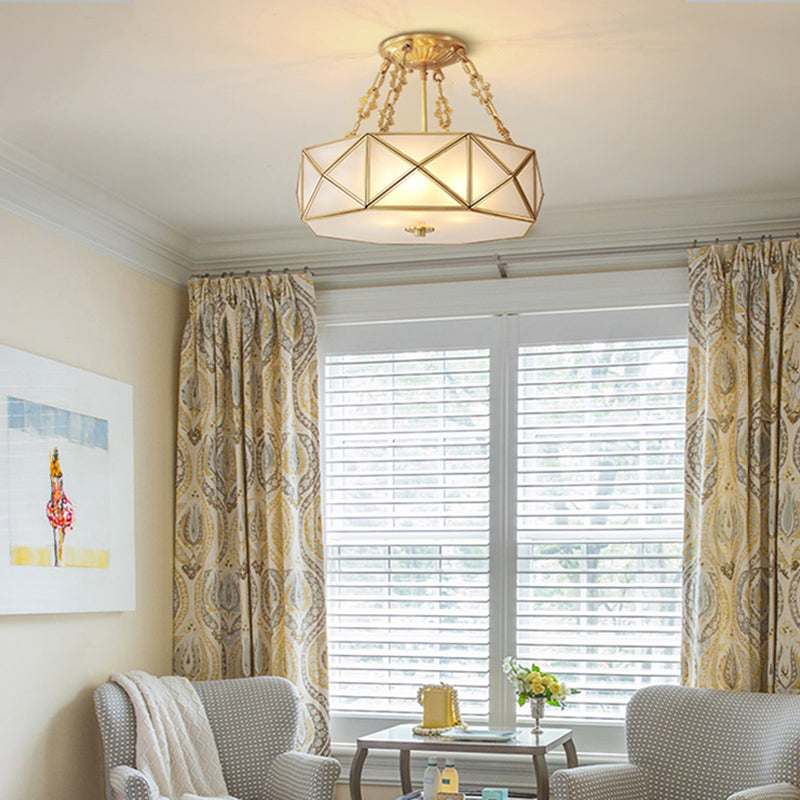 Colonial Drum Ceiling Mount Chandelier 4 Bulbs Frosted White Opal Glass Semi Flush Light Fixture in Brass for Bedroom Clearhalo 'Ceiling Lights' 'Close To Ceiling Lights' 'Close to ceiling' 'Glass shade' 'Glass' 'Semi-flushmount' Lighting' 272101