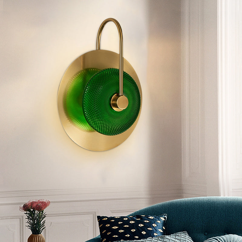 Bell Shape Wall Light Sconce Post Modern Green/Clear Prismatic Glass 1-Light Brass Wall Lamp Clearhalo 'Cast Iron' 'Glass' 'Industrial' 'Modern wall lights' 'Modern' 'Tiffany' 'Traditional wall lights' 'Wall Lamps & Sconces' 'Wall Lights' Lighting' 272965