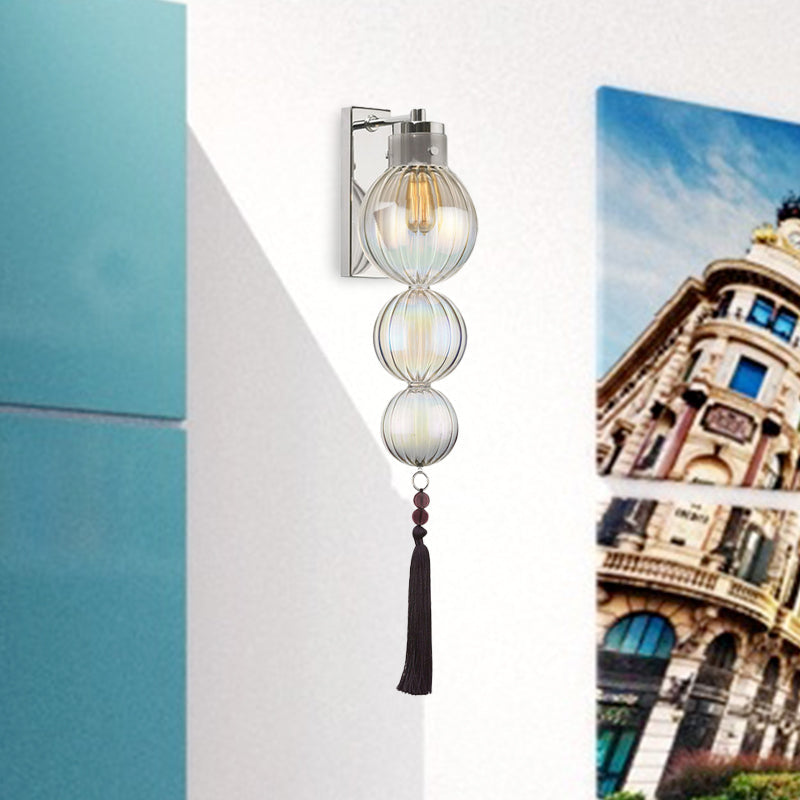 Brass/Chrome Finish Sphere Sconce Light Chinese Style 1 Bulb Clear/Amber/Light Blue Glass Wall Mount Lamp with Tassel Knot Clearhalo 'Cast Iron' 'Glass' 'Industrial' 'Modern wall lights' 'Modern' 'Tiffany' 'Traditional wall lights' 'Wall Lamps & Sconces' 'Wall Lights' Lighting' 273075