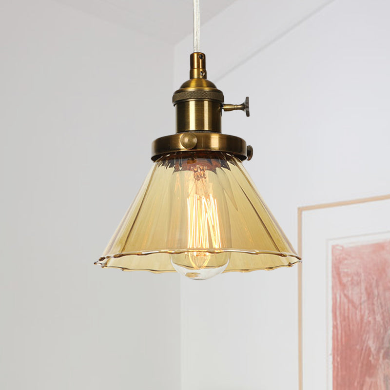 Industrial Style Conic Hanging Lamp Amber/Clear Glass 1 Light Coffee Shop Height Adjustable Pendant Lighting in Black/Bronze/Brass Brass Amber Clearhalo 'Art Deco Pendants' 'Black' 'Cast Iron' 'Ceiling Lights' 'Ceramic' 'Crystal' 'Industrial Pendants' 'Industrial' 'Metal' 'Middle Century Pendants' 'Pendant Lights' 'Pendants' 'Rustic Pendants' 'Tiffany' Lighting' 273480