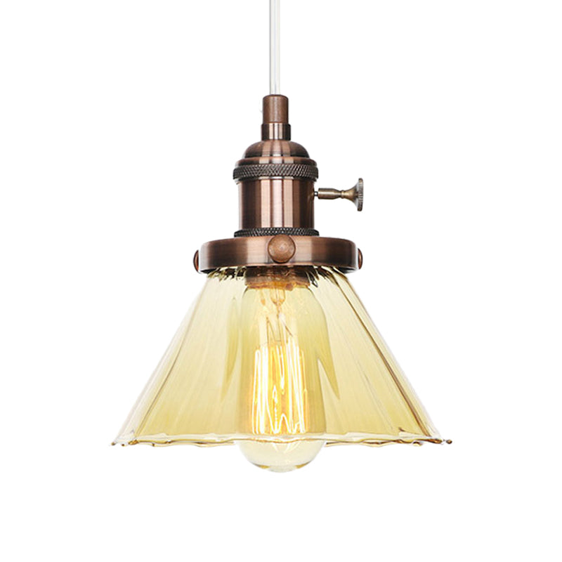 Industrial Style Conic Hanging Lamp Amber/Clear Glass 1 Light Coffee Shop Height Adjustable Pendant Lighting in Black/Bronze/Brass Clearhalo 'Art Deco Pendants' 'Black' 'Cast Iron' 'Ceiling Lights' 'Ceramic' 'Crystal' 'Industrial Pendants' 'Industrial' 'Metal' 'Middle Century Pendants' 'Pendant Lights' 'Pendants' 'Rustic Pendants' 'Tiffany' Lighting' 273490