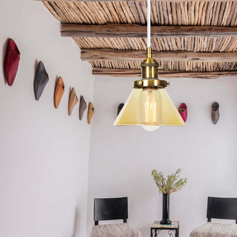 Conical Hanging Light Fixture Vintage Style Amber/Clear Glass and Metal 1 Head Kitchen Pendant Lamp in Black/Bronze/Brass Clearhalo 'Art Deco Pendants' 'Black' 'Cast Iron' 'Ceiling Lights' 'Ceramic' 'Crystal' 'Industrial Pendants' 'Industrial' 'Metal' 'Middle Century Pendants' 'Pendant Lights' 'Pendants' 'Rustic Pendants' 'Tiffany' Lighting' 273633