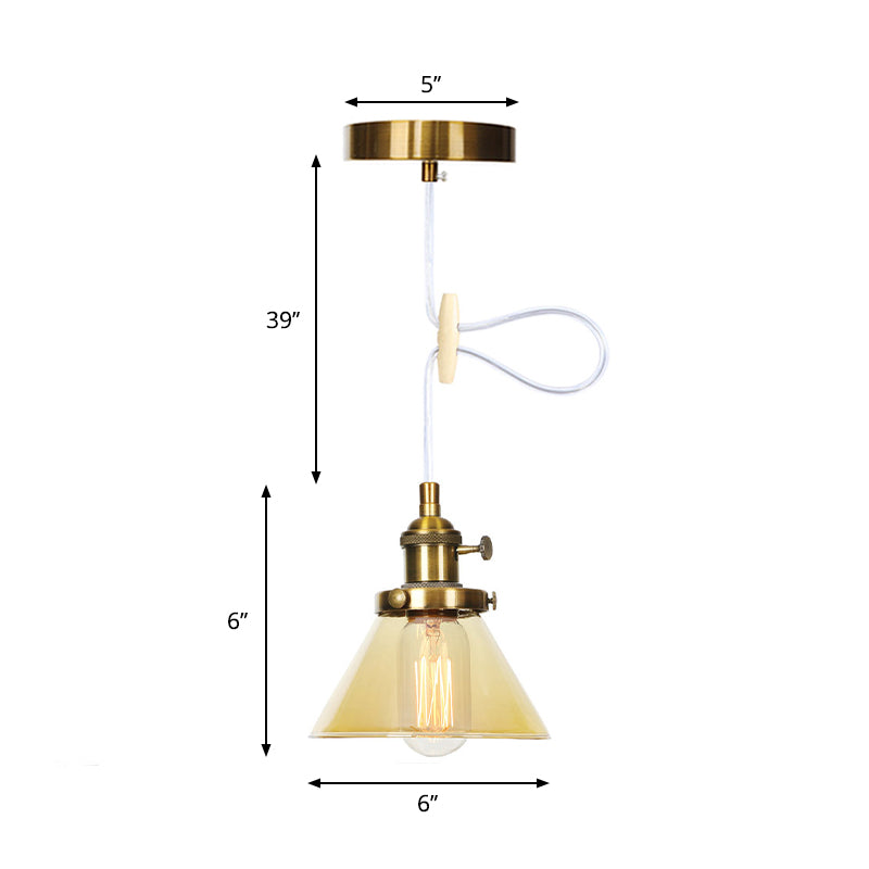 Conical Hanging Light Fixture Vintage Style Amber/Clear Glass and Metal 1 Head Kitchen Pendant Lamp in Black/Bronze/Brass Clearhalo 'Art Deco Pendants' 'Black' 'Cast Iron' 'Ceiling Lights' 'Ceramic' 'Crystal' 'Industrial Pendants' 'Industrial' 'Metal' 'Middle Century Pendants' 'Pendant Lights' 'Pendants' 'Rustic Pendants' 'Tiffany' Lighting' 273635