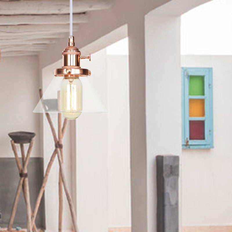 Conical Hanging Light Fixture Vintage Style Amber/Clear Glass and Metal 1 Head Kitchen Pendant Lamp in Black/Bronze/Brass Clearhalo 'Art Deco Pendants' 'Black' 'Cast Iron' 'Ceiling Lights' 'Ceramic' 'Crystal' 'Industrial Pendants' 'Industrial' 'Metal' 'Middle Century Pendants' 'Pendant Lights' 'Pendants' 'Rustic Pendants' 'Tiffany' Lighting' 273637