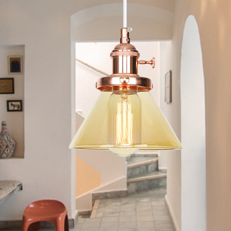 Conical Hanging Light Fixture Vintage Style Amber/Clear Glass and Metal 1 Head Kitchen Pendant Lamp in Black/Bronze/Brass Rose Gold Amber Clearhalo 'Art Deco Pendants' 'Black' 'Cast Iron' 'Ceiling Lights' 'Ceramic' 'Crystal' 'Industrial Pendants' 'Industrial' 'Metal' 'Middle Century Pendants' 'Pendant Lights' 'Pendants' 'Rustic Pendants' 'Tiffany' Lighting' 273640