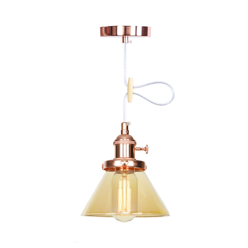 Conical Hanging Light Fixture Vintage Style Amber/Clear Glass and Metal 1 Head Kitchen Pendant Lamp in Black/Bronze/Brass Clearhalo 'Art Deco Pendants' 'Black' 'Cast Iron' 'Ceiling Lights' 'Ceramic' 'Crystal' 'Industrial Pendants' 'Industrial' 'Metal' 'Middle Century Pendants' 'Pendant Lights' 'Pendants' 'Rustic Pendants' 'Tiffany' Lighting' 273642