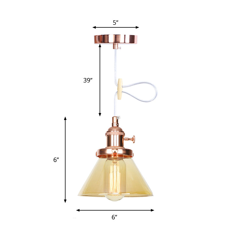 Conical Hanging Light Fixture Vintage Style Amber/Clear Glass and Metal 1 Head Kitchen Pendant Lamp in Black/Bronze/Brass Clearhalo 'Art Deco Pendants' 'Black' 'Cast Iron' 'Ceiling Lights' 'Ceramic' 'Crystal' 'Industrial Pendants' 'Industrial' 'Metal' 'Middle Century Pendants' 'Pendant Lights' 'Pendants' 'Rustic Pendants' 'Tiffany' Lighting' 273643