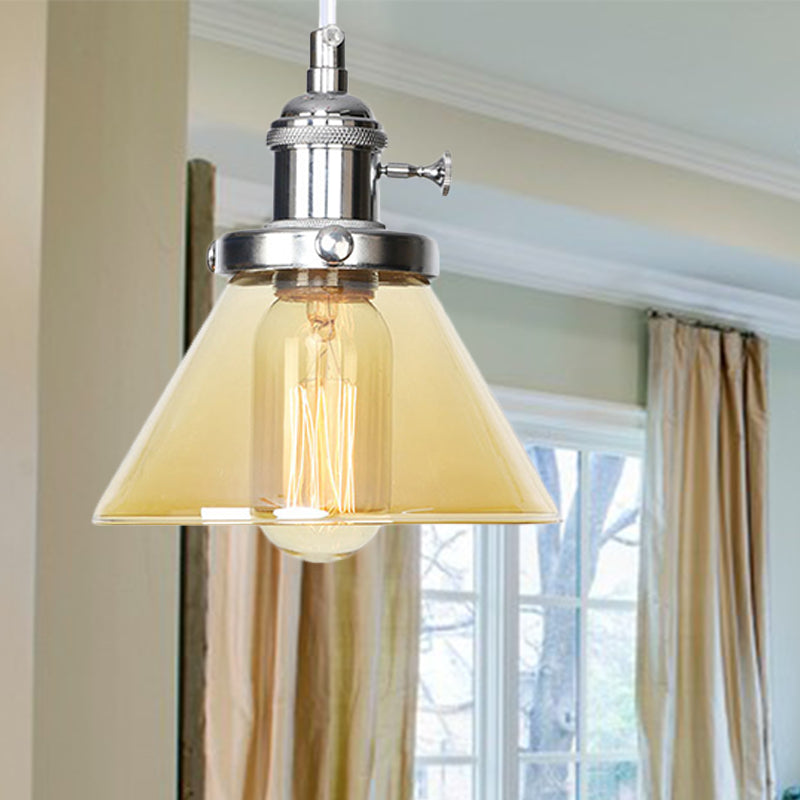Conical Hanging Light Fixture Vintage Style Amber/Clear Glass and Metal 1 Head Kitchen Pendant Lamp in Black/Bronze/Brass Chrome Amber Clearhalo 'Art Deco Pendants' 'Black' 'Cast Iron' 'Ceiling Lights' 'Ceramic' 'Crystal' 'Industrial Pendants' 'Industrial' 'Metal' 'Middle Century Pendants' 'Pendant Lights' 'Pendants' 'Rustic Pendants' 'Tiffany' Lighting' 273648