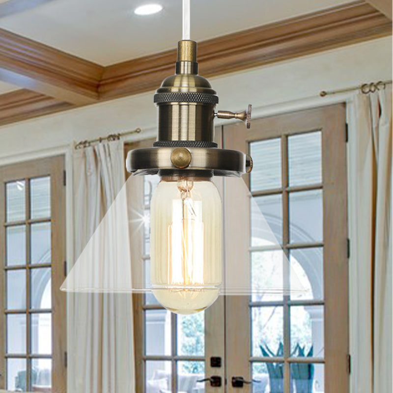 Conical Hanging Light Fixture Vintage Style Amber/Clear Glass and Metal 1 Head Kitchen Pendant Lamp in Black/Bronze/Brass Bronze Clear Clearhalo 'Art Deco Pendants' 'Black' 'Cast Iron' 'Ceiling Lights' 'Ceramic' 'Crystal' 'Industrial Pendants' 'Industrial' 'Metal' 'Middle Century Pendants' 'Pendant Lights' 'Pendants' 'Rustic Pendants' 'Tiffany' Lighting' 273652