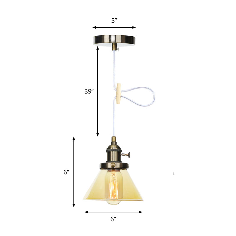 Conical Hanging Light Fixture Vintage Style Amber/Clear Glass and Metal 1 Head Kitchen Pendant Lamp in Black/Bronze/Brass Clearhalo 'Art Deco Pendants' 'Black' 'Cast Iron' 'Ceiling Lights' 'Ceramic' 'Crystal' 'Industrial Pendants' 'Industrial' 'Metal' 'Middle Century Pendants' 'Pendant Lights' 'Pendants' 'Rustic Pendants' 'Tiffany' Lighting' 273659