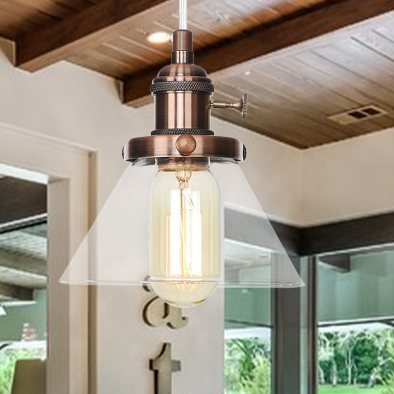 Conical Hanging Light Fixture Vintage Style Amber/Clear Glass and Metal 1 Head Kitchen Pendant Lamp in Black/Bronze/Brass Copper Clear Clearhalo 'Art Deco Pendants' 'Black' 'Cast Iron' 'Ceiling Lights' 'Ceramic' 'Crystal' 'Industrial Pendants' 'Industrial' 'Metal' 'Middle Century Pendants' 'Pendant Lights' 'Pendants' 'Rustic Pendants' 'Tiffany' Lighting' 273660