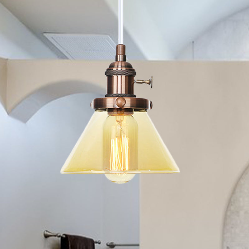 Conical Hanging Light Fixture Vintage Style Amber/Clear Glass and Metal 1 Head Kitchen Pendant Lamp in Black/Bronze/Brass Copper Amber Clearhalo 'Art Deco Pendants' 'Black' 'Cast Iron' 'Ceiling Lights' 'Ceramic' 'Crystal' 'Industrial Pendants' 'Industrial' 'Metal' 'Middle Century Pendants' 'Pendant Lights' 'Pendants' 'Rustic Pendants' 'Tiffany' Lighting' 273664
