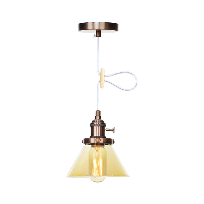 Conical Hanging Light Fixture Vintage Style Amber/Clear Glass and Metal 1 Head Kitchen Pendant Lamp in Black/Bronze/Brass Clearhalo 'Art Deco Pendants' 'Black' 'Cast Iron' 'Ceiling Lights' 'Ceramic' 'Crystal' 'Industrial Pendants' 'Industrial' 'Metal' 'Middle Century Pendants' 'Pendant Lights' 'Pendants' 'Rustic Pendants' 'Tiffany' Lighting' 273666