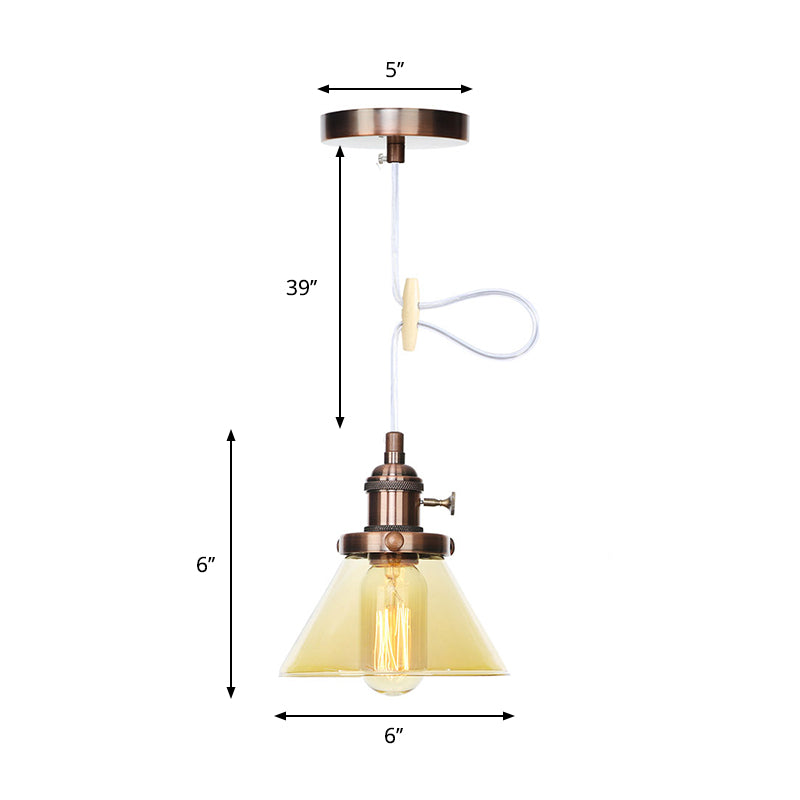 Conical Hanging Light Fixture Vintage Style Amber/Clear Glass and Metal 1 Head Kitchen Pendant Lamp in Black/Bronze/Brass Clearhalo 'Art Deco Pendants' 'Black' 'Cast Iron' 'Ceiling Lights' 'Ceramic' 'Crystal' 'Industrial Pendants' 'Industrial' 'Metal' 'Middle Century Pendants' 'Pendant Lights' 'Pendants' 'Rustic Pendants' 'Tiffany' Lighting' 273667