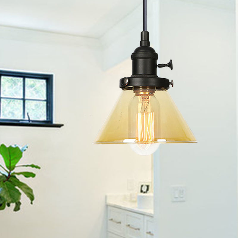 Conical Hanging Light Fixture Vintage Style Amber/Clear Glass and Metal 1 Head Kitchen Pendant Lamp in Black/Bronze/Brass Black Amber Clearhalo 'Art Deco Pendants' 'Black' 'Cast Iron' 'Ceiling Lights' 'Ceramic' 'Crystal' 'Industrial Pendants' 'Industrial' 'Metal' 'Middle Century Pendants' 'Pendant Lights' 'Pendants' 'Rustic Pendants' 'Tiffany' Lighting' 273672