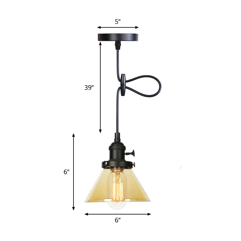 Conical Hanging Light Fixture Vintage Style Amber/Clear Glass and Metal 1 Head Kitchen Pendant Lamp in Black/Bronze/Brass Clearhalo 'Art Deco Pendants' 'Black' 'Cast Iron' 'Ceiling Lights' 'Ceramic' 'Crystal' 'Industrial Pendants' 'Industrial' 'Metal' 'Middle Century Pendants' 'Pendant Lights' 'Pendants' 'Rustic Pendants' 'Tiffany' Lighting' 273675