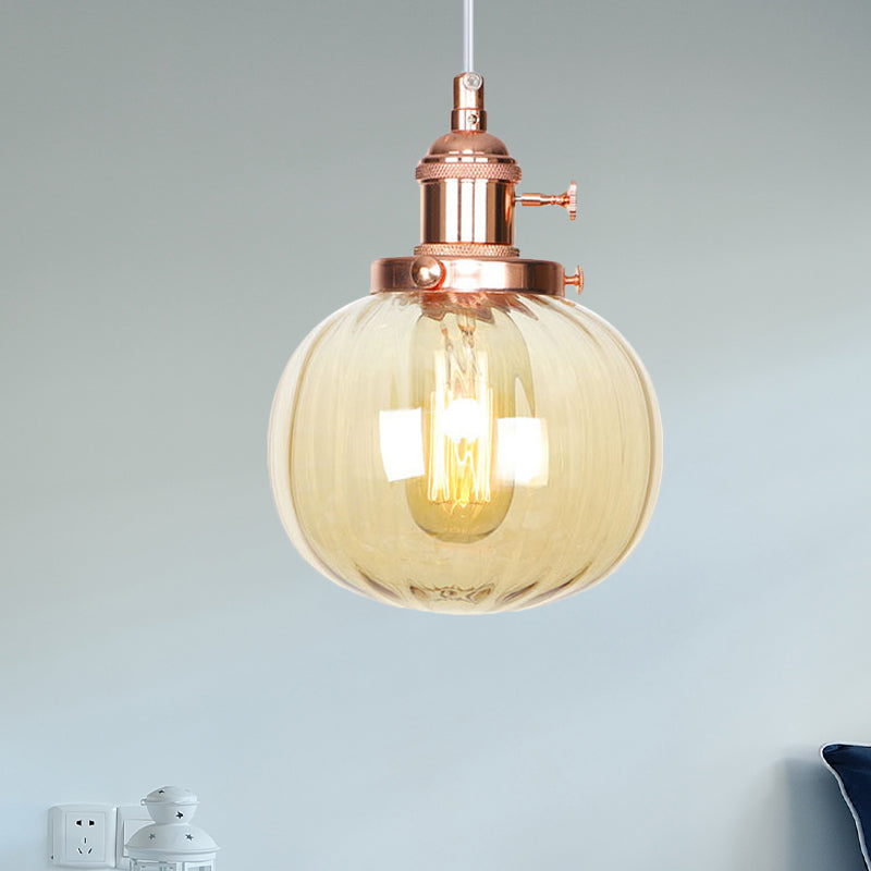 Global Pendant Light Fixture Vintage Style Amber/Clear Ridged Glass 1 Light Living Room Adjustable Ceiling Light in Black/Bronze/Brass Clearhalo 'Art Deco Pendants' 'Black' 'Cast Iron' 'Ceiling Lights' 'Ceramic' 'Crystal' 'Industrial Pendants' 'Industrial' 'Metal' 'Middle Century Pendants' 'Pendant Lights' 'Pendants' 'Rustic Pendants' 'Tiffany' Lighting' 274007