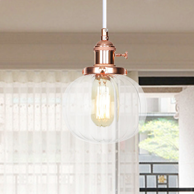 Global Pendant Light Fixture Vintage Style Amber/Clear Ridged Glass 1 Light Living Room Adjustable Ceiling Light in Black/Bronze/Brass Rose Gold Clear Clearhalo 'Art Deco Pendants' 'Black' 'Cast Iron' 'Ceiling Lights' 'Ceramic' 'Crystal' 'Industrial Pendants' 'Industrial' 'Metal' 'Middle Century Pendants' 'Pendant Lights' 'Pendants' 'Rustic Pendants' 'Tiffany' Lighting' 274011