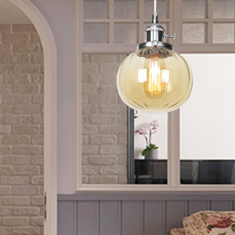 Global Pendant Light Fixture Vintage Style Amber/Clear Ridged Glass 1 Light Living Room Adjustable Ceiling Light in Black/Bronze/Brass Clearhalo 'Art Deco Pendants' 'Black' 'Cast Iron' 'Ceiling Lights' 'Ceramic' 'Crystal' 'Industrial Pendants' 'Industrial' 'Metal' 'Middle Century Pendants' 'Pendant Lights' 'Pendants' 'Rustic Pendants' 'Tiffany' Lighting' 274016