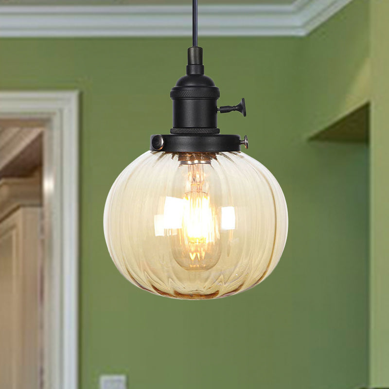 Global Pendant Light Fixture Vintage Style Amber/Clear Ridged Glass 1 Light Living Room Adjustable Ceiling Light in Black/Bronze/Brass Black Amber Clearhalo 'Art Deco Pendants' 'Black' 'Cast Iron' 'Ceiling Lights' 'Ceramic' 'Crystal' 'Industrial Pendants' 'Industrial' 'Metal' 'Middle Century Pendants' 'Pendant Lights' 'Pendants' 'Rustic Pendants' 'Tiffany' Lighting' 274042