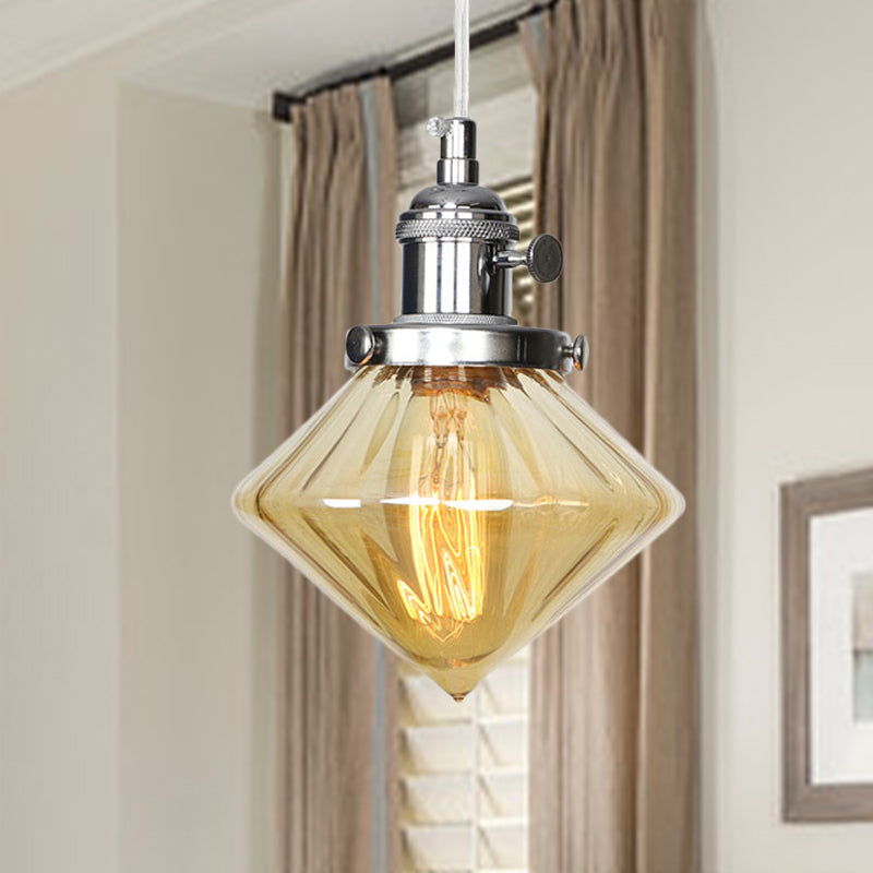 1 Light Indoor Hanging Light Industrial Height Adjustable Black/Bronze/Brass Pendant Lighting with Diamond Amber/Clear Glass Shade Chrome Amber Clearhalo 'Art Deco Pendants' 'Black' 'Cast Iron' 'Ceiling Lights' 'Ceramic' 'Crystal' 'Industrial Pendants' 'Industrial' 'Metal' 'Middle Century Pendants' 'Pendant Lights' 'Pendants' 'Rustic Pendants' 'Tiffany' Lighting' 274143