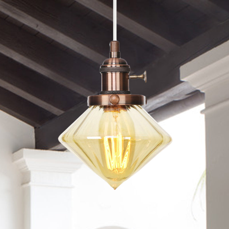 1 Light Indoor Hanging Light Industrial Height Adjustable Black/Bronze/Brass Pendant Lighting with Diamond Amber/Clear Glass Shade Copper Amber Clearhalo 'Art Deco Pendants' 'Black' 'Cast Iron' 'Ceiling Lights' 'Ceramic' 'Crystal' 'Industrial Pendants' 'Industrial' 'Metal' 'Middle Century Pendants' 'Pendant Lights' 'Pendants' 'Rustic Pendants' 'Tiffany' Lighting' 274167