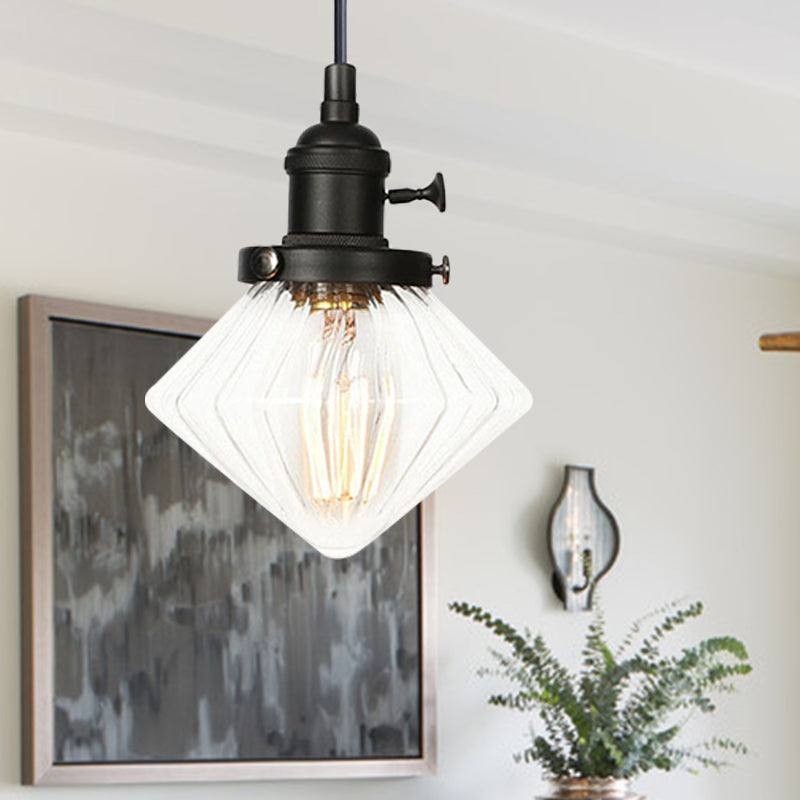 1 Light Indoor Hanging Light Industrial Height Adjustable Black/Bronze/Brass Pendant Lighting with Diamond Amber/Clear Glass Shade Black Clear Clearhalo 'Art Deco Pendants' 'Black' 'Cast Iron' 'Ceiling Lights' 'Ceramic' 'Crystal' 'Industrial Pendants' 'Industrial' 'Metal' 'Middle Century Pendants' 'Pendant Lights' 'Pendants' 'Rustic Pendants' 'Tiffany' Lighting' 274179