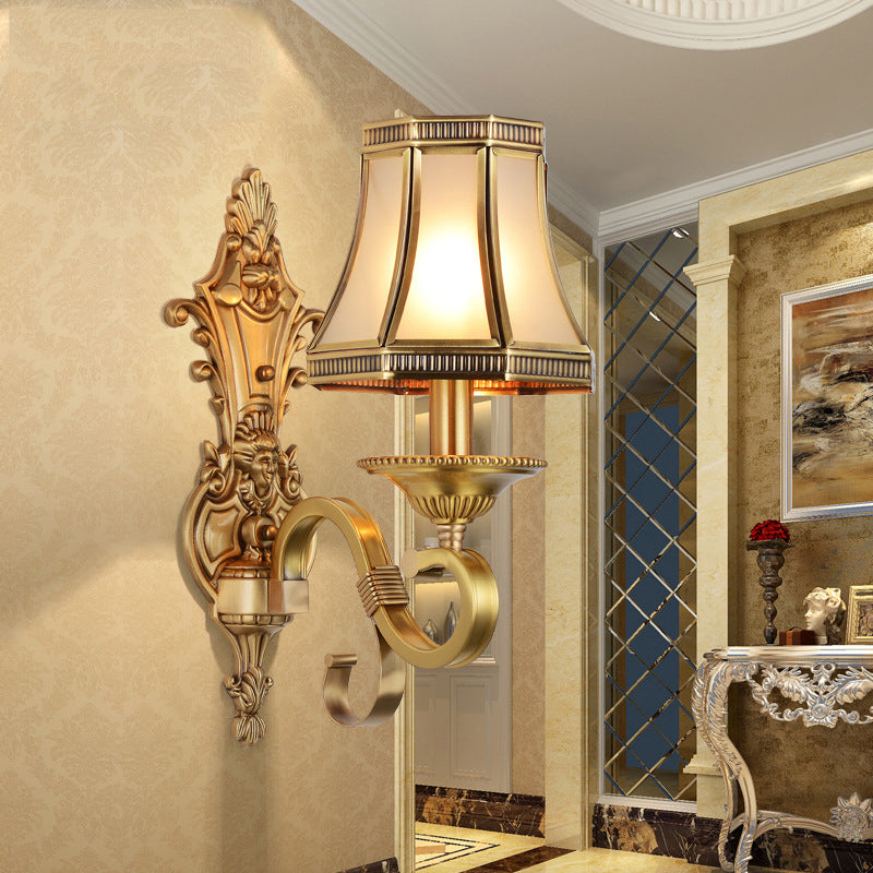 Brass Cone Wall Lamp Traditionalist Metal 1/2 Lights Bedroom Wall Mount Lighting with Beveled Glass Panel 1.0 Brass Clearhalo 'Wall Lamps & Sconces' 'Wall Lights' Lighting' 274489