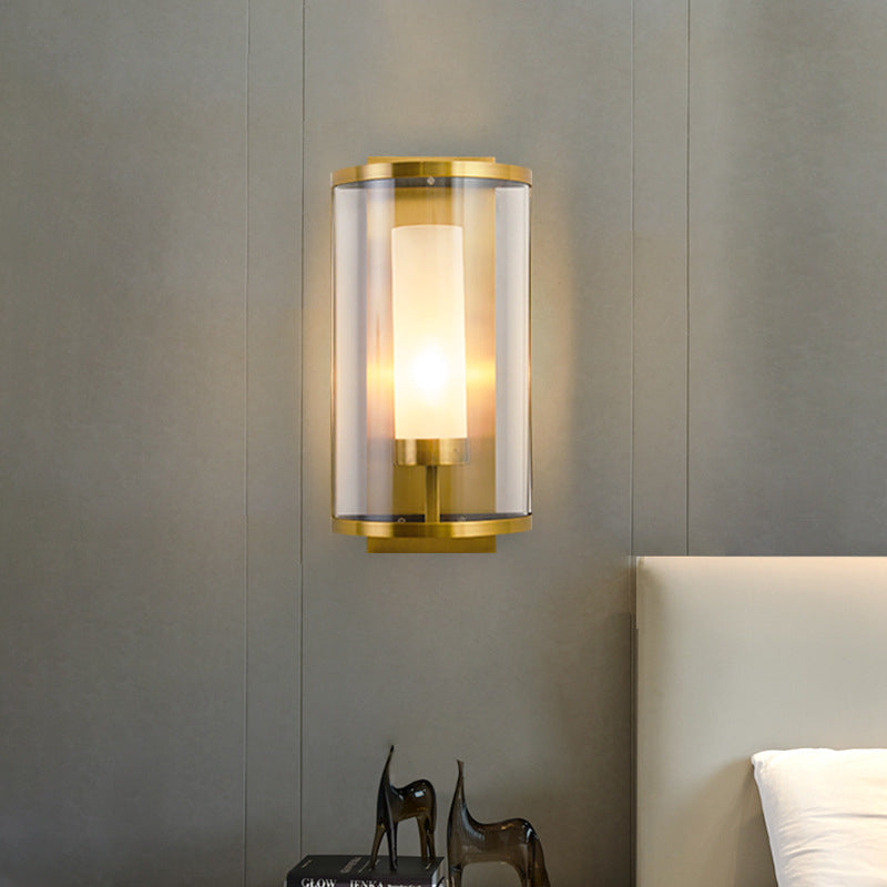 Modern Style 1 Bulb Wall Sconce Gold Semi Cylinder Wall Mount Lamp with Clear Glass Shade Clearhalo 'Cast Iron' 'Glass' 'Industrial' 'Modern wall lights' 'Modern' 'Tiffany' 'Traditional wall lights' 'Wall Lamps & Sconces' 'Wall Lights' Lighting' 275088