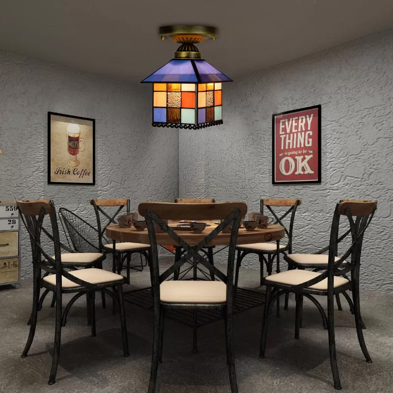 1 Head House Flush Lighting Rustic Lodge Style Stained Glass Flush Mount Lamp in Black/Blue/Brass/Clear/Blue-Clear for Foyer Brass Clearhalo 'Ceiling Lights' 'Close To Ceiling Lights' 'Close to ceiling' 'Glass shade' 'Glass' 'Semi-flushmount' 'Tiffany close to ceiling' 'Tiffany' Lighting' 27513