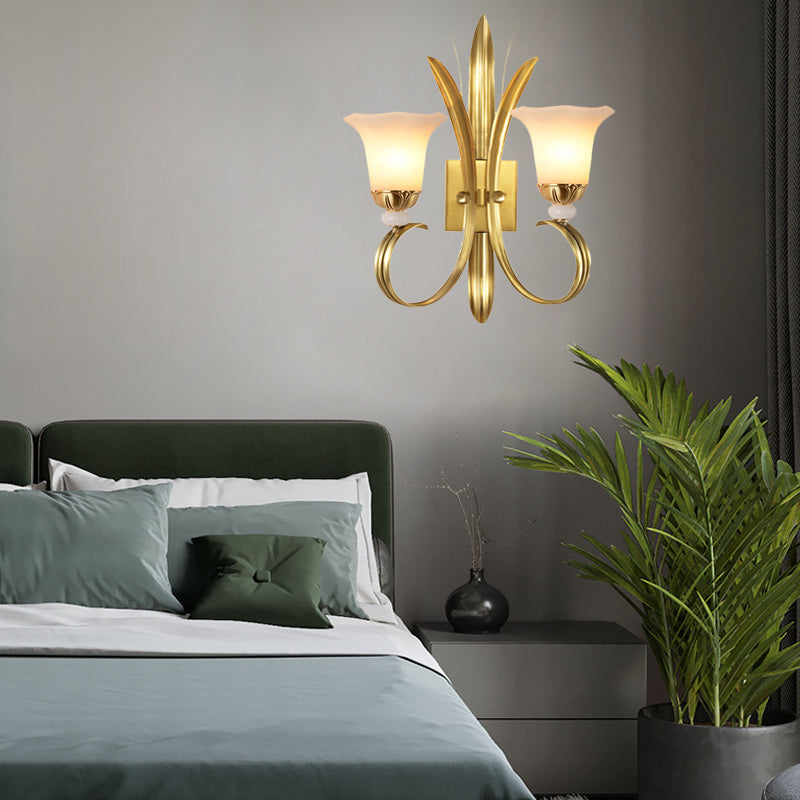 Brass Finish 1/2-Light Wall Mount Lamp Vintage Style Frosted Glass Flared Shade Wall Lighting for Hallway Clearhalo 'Wall Lamps & Sconces' 'Wall Lights' Lighting' 275259