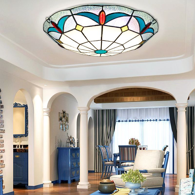 Stained Glass Bowl Flush Mount Light 12"/16" Width Nautical Indoor Ceiling Light in White for Living Room White Clearhalo 'Ceiling Lights' 'Close To Ceiling Lights' 'Close to ceiling' 'Flush mount' Lighting' 27535