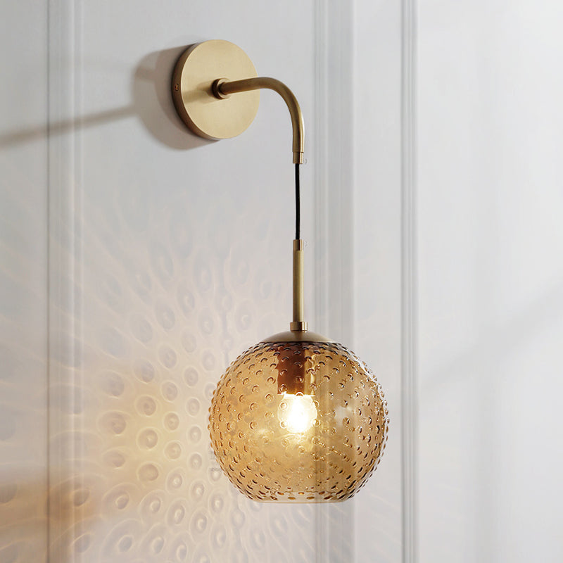Pink/Yellow/Blue Glass Globe Wall Mounted Lamp Retro 1 Bulb Armed Sconce Light in Brass Finish Amber Clearhalo 'Cast Iron' 'Glass' 'Industrial' 'Modern wall lights' 'Modern' 'Tiffany' 'Traditional wall lights' 'Wall Lamps & Sconces' 'Wall Lights' Lighting' 275404