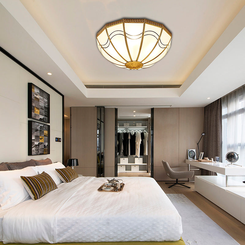 4-Light Milky Glass Flush Ceiling Light Traditional Brass Inverted Bedroom Flush Mount Lamp with Wave Pattern Clearhalo 'Ceiling Lights' 'Close To Ceiling Lights' 'Close to ceiling' 'Flush mount' Lighting' 275966