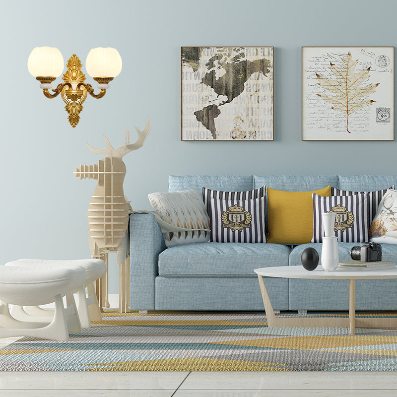 Vintage Style Globe Wall Light Sconce 1/2-Light Milky Glass and Metallic Wall Lamp in Gold for Corridor Clearhalo 'Wall Lamps & Sconces' 'Wall Lights' Lighting' 276271