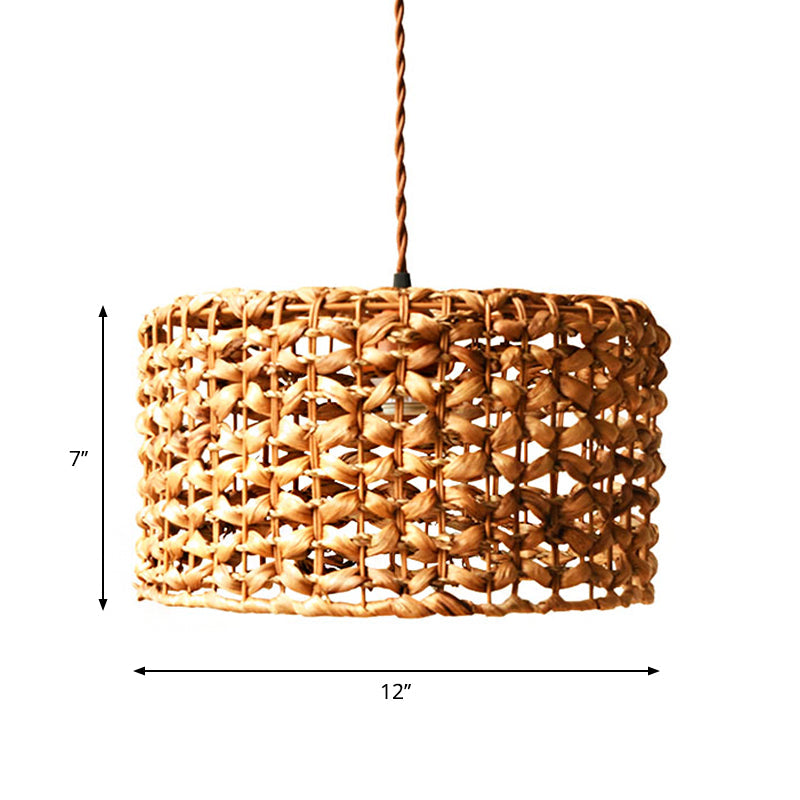 Brown Drum Pendant Lighting Traditionary Rattan 1 Bulb Hanging Lamp Kit for Dining Room Clearhalo 'Ceiling Lights' 'Modern Pendants' 'Modern' 'Pendant Lights' 'Pendants' Lighting' 276442