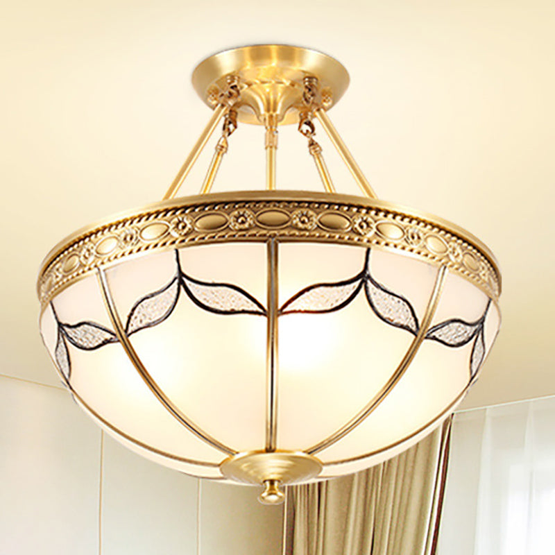 Domed Opal Glass Semi Mount Lighting Vintage 4-Light Bedroom Semi Flush in Brass, 12.5"/16" Wide Clearhalo 'Ceiling Lights' 'Close To Ceiling Lights' 'Close to ceiling' 'Glass shade' 'Glass' 'Semi-flushmount' Lighting' 276693