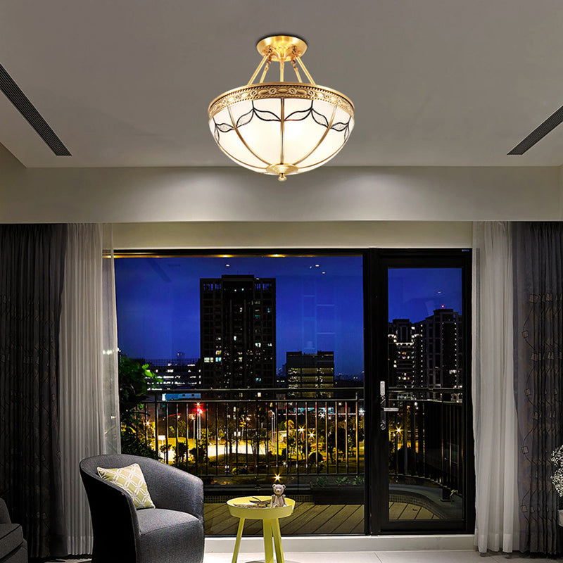 Domed Opal Glass Semi Mount Lighting Vintage 4-Light Bedroom Semi Flush in Brass, 12.5"/16" Wide Clearhalo 'Ceiling Lights' 'Close To Ceiling Lights' 'Close to ceiling' 'Glass shade' 'Glass' 'Semi-flushmount' Lighting' 276694