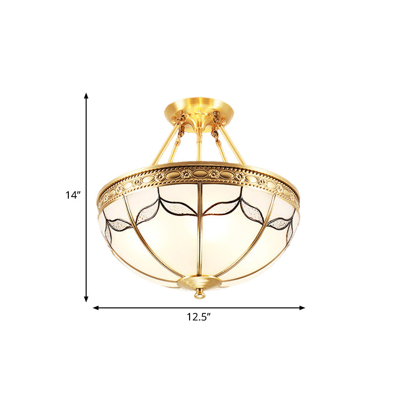 Domed Opal Glass Semi Mount Lighting Vintage 4-Light Bedroom Semi Flush in Brass, 12.5"/16" Wide Clearhalo 'Ceiling Lights' 'Close To Ceiling Lights' 'Close to ceiling' 'Glass shade' 'Glass' 'Semi-flushmount' Lighting' 276696