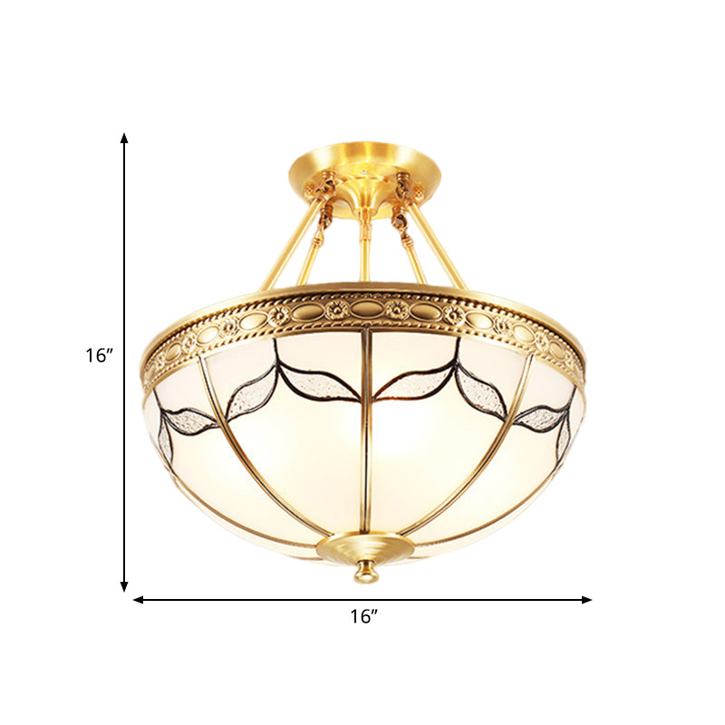 Domed Opal Glass Semi Mount Lighting Vintage 4-Light Bedroom Semi Flush in Brass, 12.5"/16" Wide Clearhalo 'Ceiling Lights' 'Close To Ceiling Lights' 'Close to ceiling' 'Glass shade' 'Glass' 'Semi-flushmount' Lighting' 276697