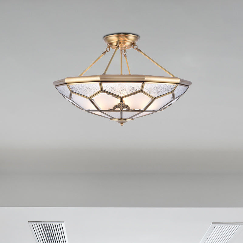 Gold 14���/16���/18��� Wide 3/4/6 Lights Semi Flush Mount Traditional Frosted Glass Faceted Semi Flush Light for Corridor Gold 18" Clearhalo 'Ceiling Lights' 'Close To Ceiling Lights' 'Close to ceiling' 'Glass shade' 'Glass' 'Semi-flushmount' Lighting' 276726